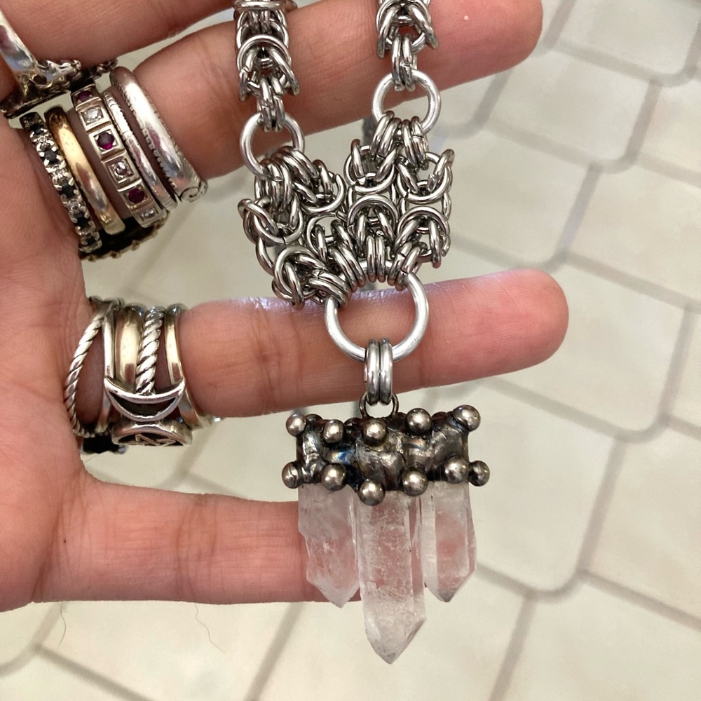 Handmade Genuine raw crystal quartz maille stainless steel boho goth necklace - Picture 8 of 13